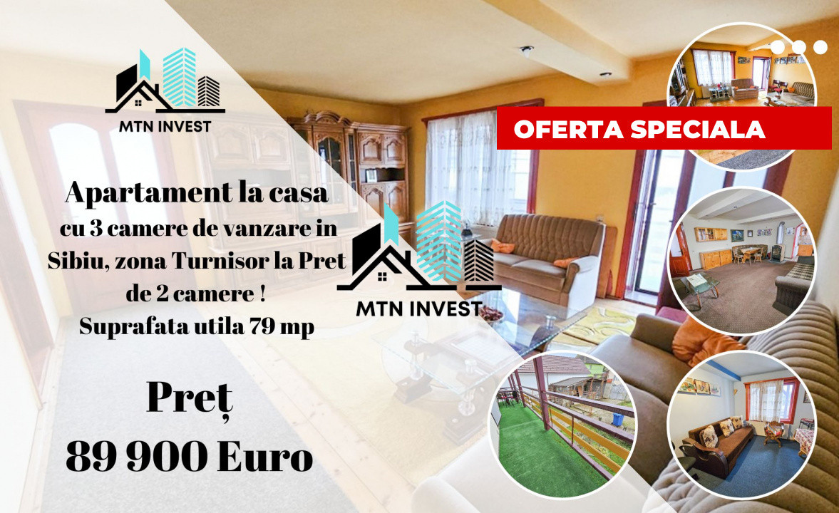 Apartament 3 camere de vanzare in Sibiu, zona Turnisor la pret de 2 camere 79 mp