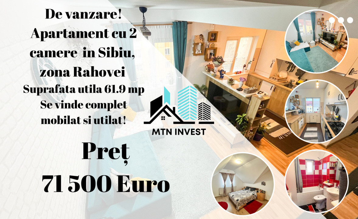 Apartament 2 camere de vanzare in Sibiu, zona Rahovei – 61,9 mp util
