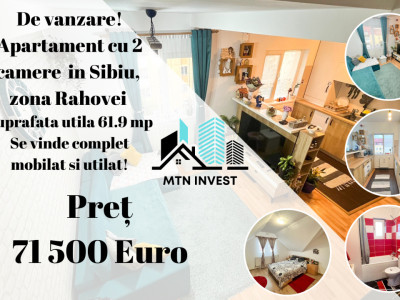 Apartament 2 camere de vanzare in Sibiu, zona Rahovei – 61,9 mp util
